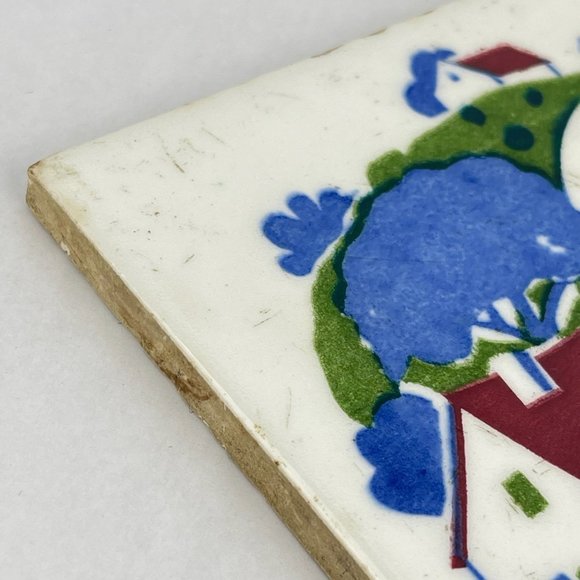 Vintage Wheeling Cushion Hand Painted Rural Village Scene 6" Square Tile Trivet - Picture 8 of 11